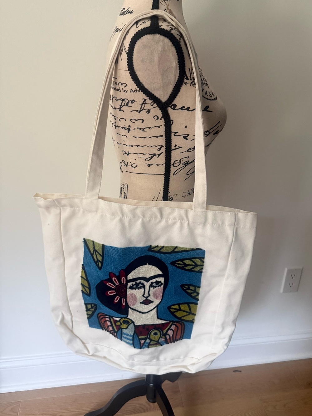 Handcrafted Embroidered Art Canvas Tote Bag Colorful Woman & Floral Design NWT